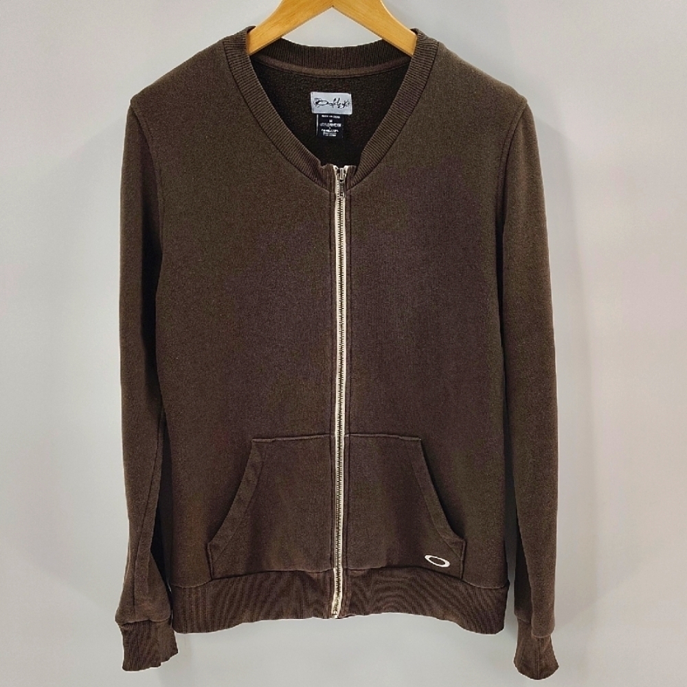 Oakley Jacket Size Medium Brown Full Zip Up Long Sleeve Fleece Distressed Logo